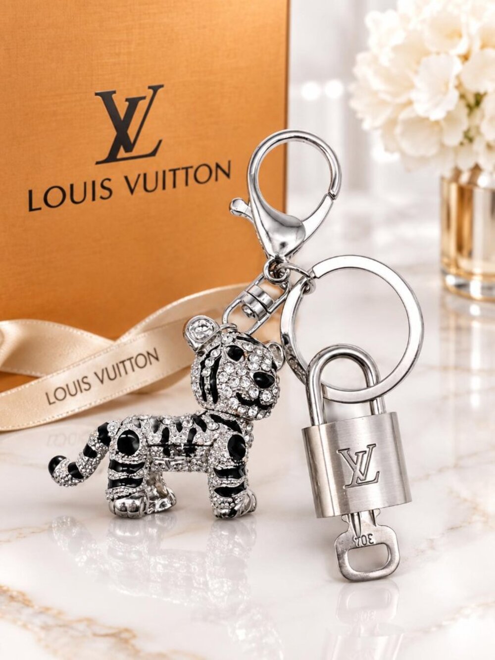 Authentic Louis Vuitton Silver Padlock with Unbranded Silver Tiger Bagcharm